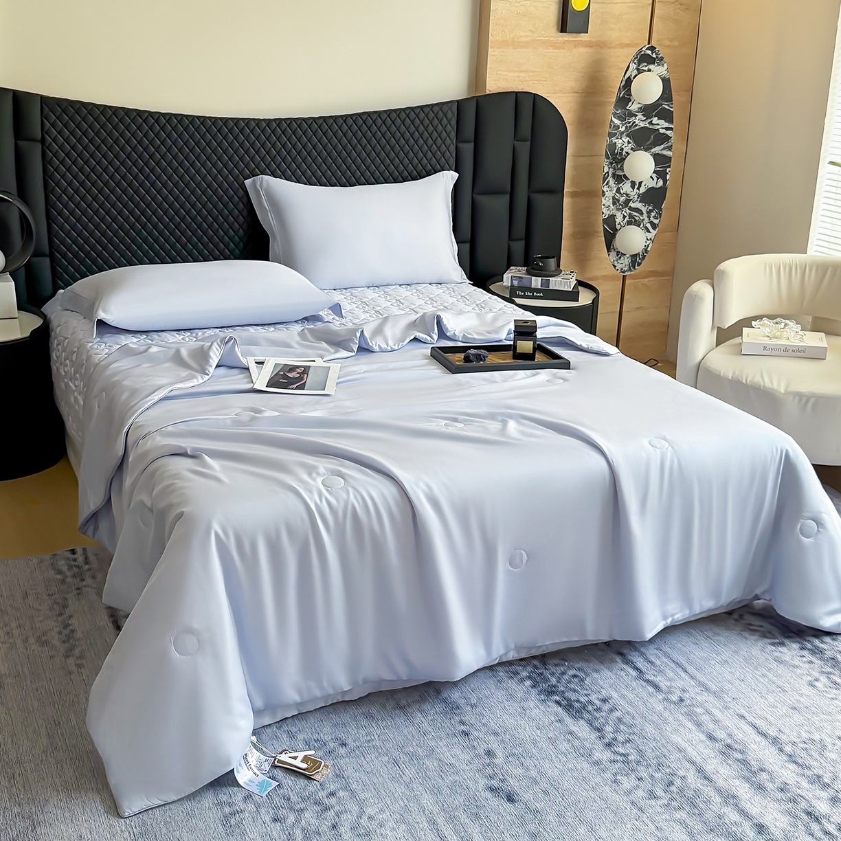 91家纺网 家纺一手货源 找家纺 三俏家纺 2026新款夏被100%莱赛尔天丝纯色床盖款夏被四件套60支天丝夏凉被 雾霾蓝