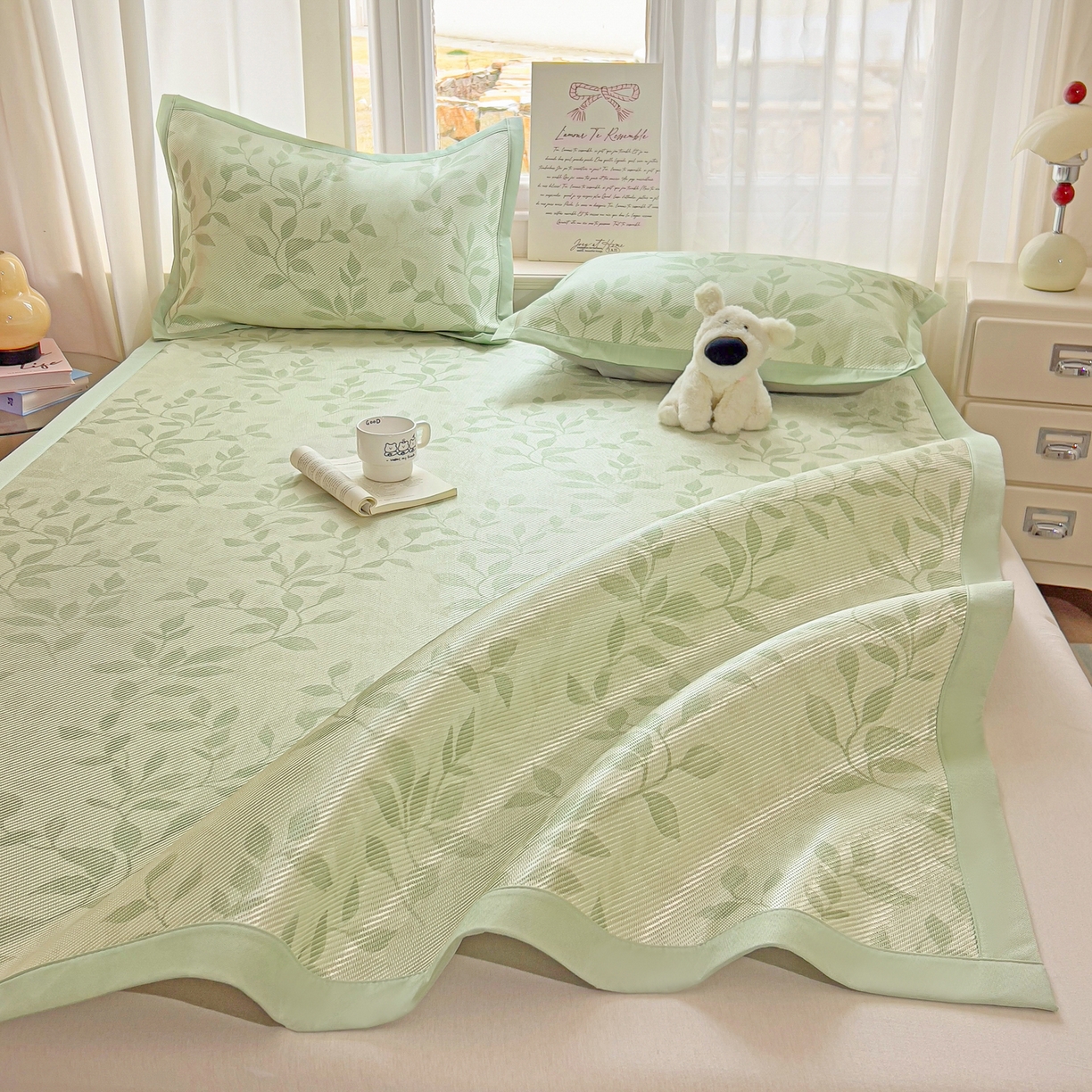 91家纺网 家纺一手货源 找家纺 川悦生活 2026新款时尚数码印花冰藤席 叶雨-绿水