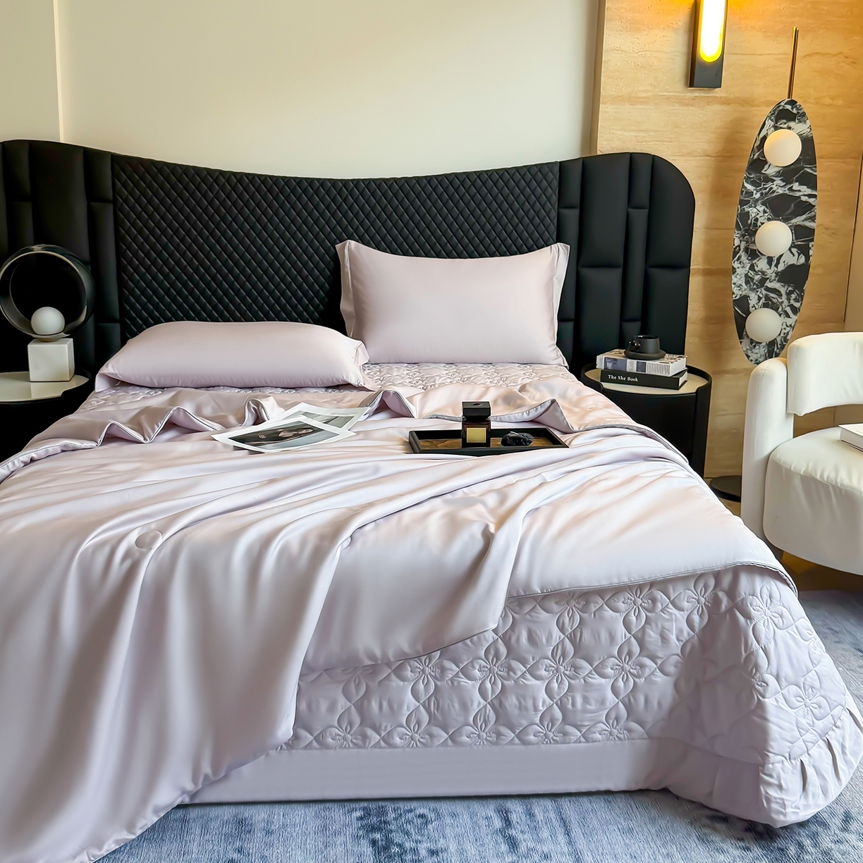 91家纺网 家纺一手货源 找家纺 三俏家纺 2026新款夏被100%莱赛尔天丝纯色床盖款夏被四件套60支天丝夏凉被 香芋紫