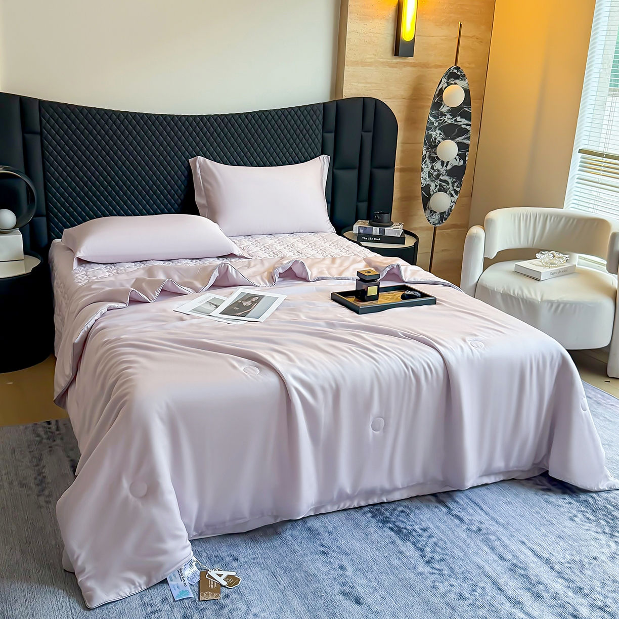 91家纺网 家纺一手货源 找家纺 三俏家纺 2026新款夏被100%莱赛尔天丝纯色床盖款夏被四件套60支天丝夏凉被 香芋紫