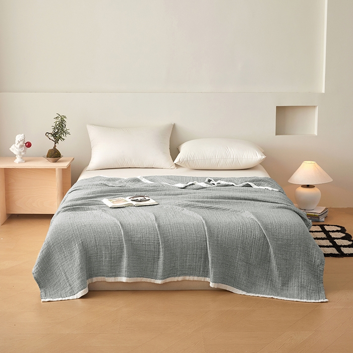 91家纺网 家纺一手货源 找家纺 卡奥家纺 2026新款全棉水洗三层纱盖毯-初见 初见-灰