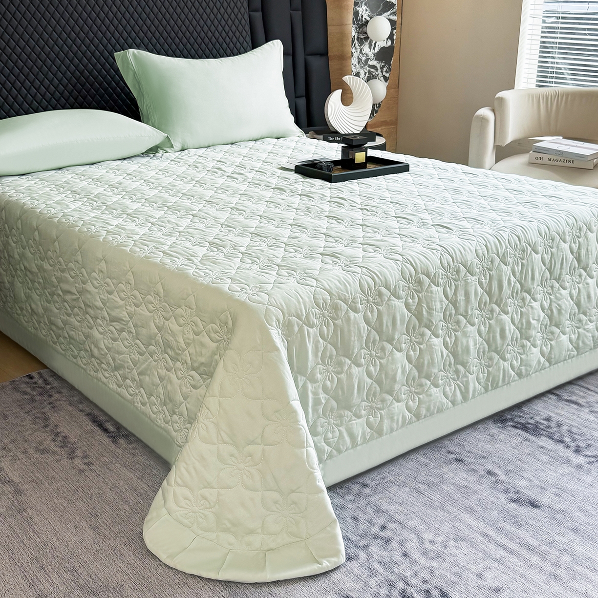 91家纺网 家纺一手货源 找家纺 三俏家纺 2026新款60支双面天丝床盖纯色 薄荷绿