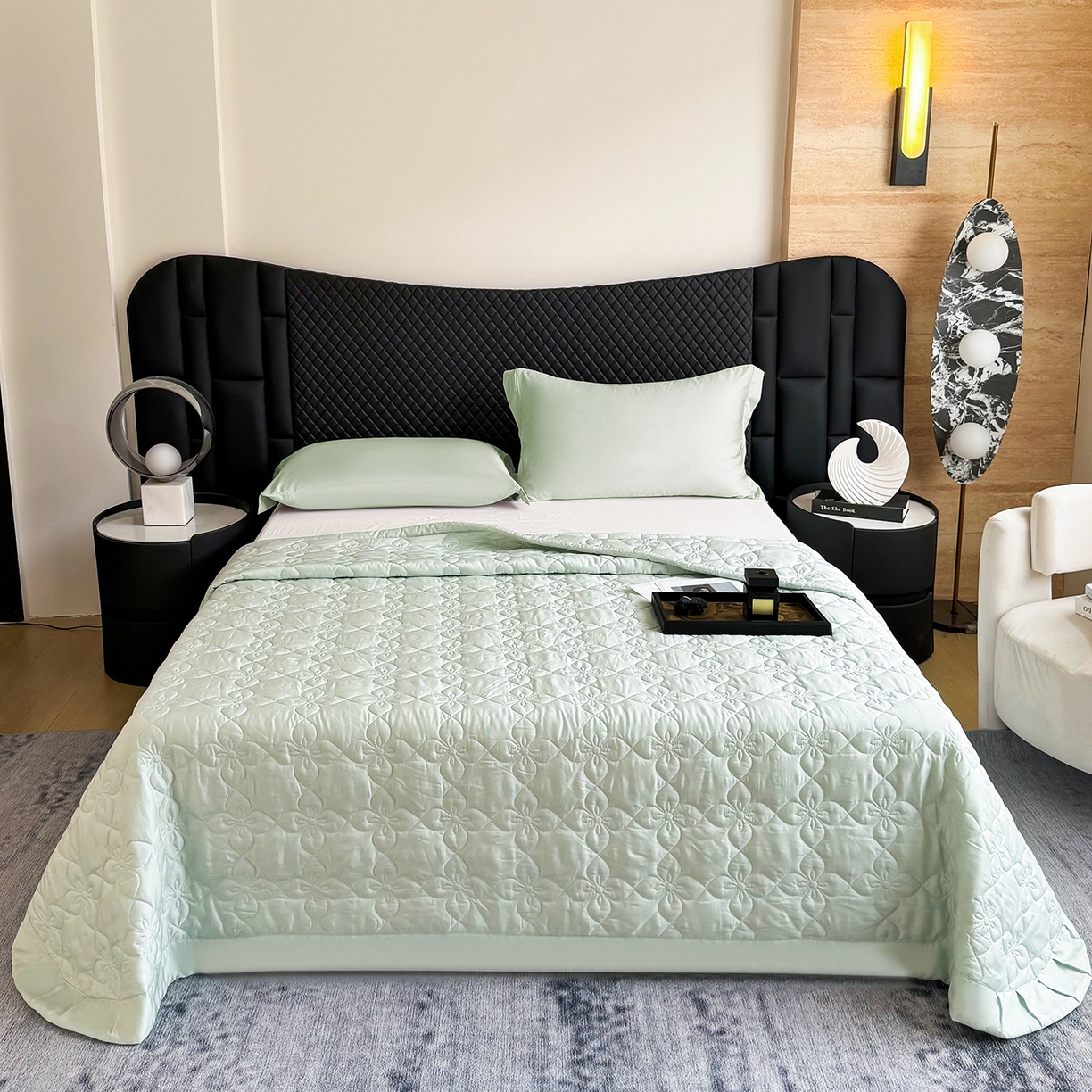 91家纺网 家纺一手货源 找家纺 三俏家纺 2026新款60支双面天丝床盖纯色 薄荷绿