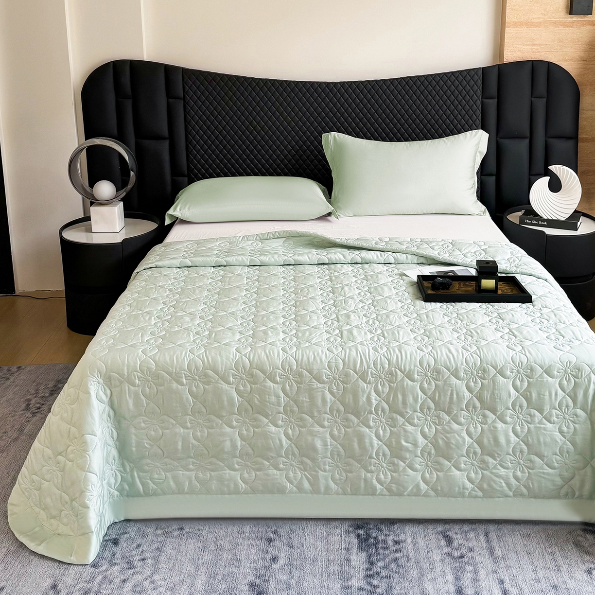 91家纺网 家纺一手货源 找家纺 三俏家纺 2026新款60支双面天丝床盖纯色 薄荷绿