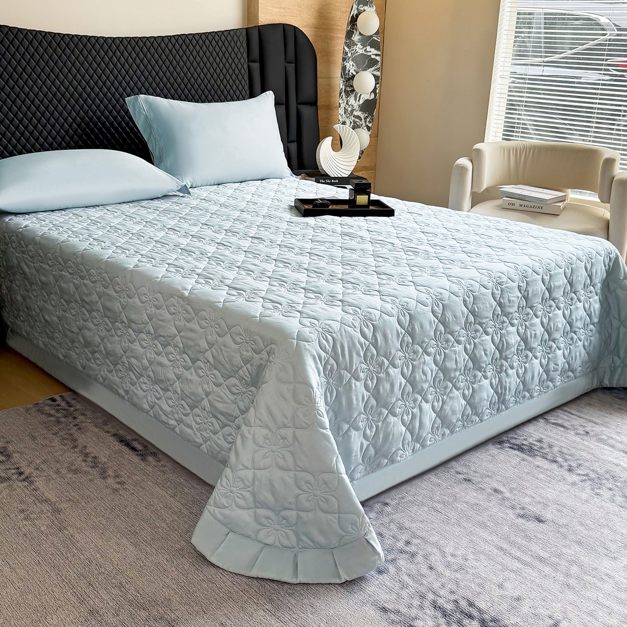 91家纺网 家纺一手货源 找家纺 三俏家纺 2026新款60支双面天丝床盖纯色 浅青蓝