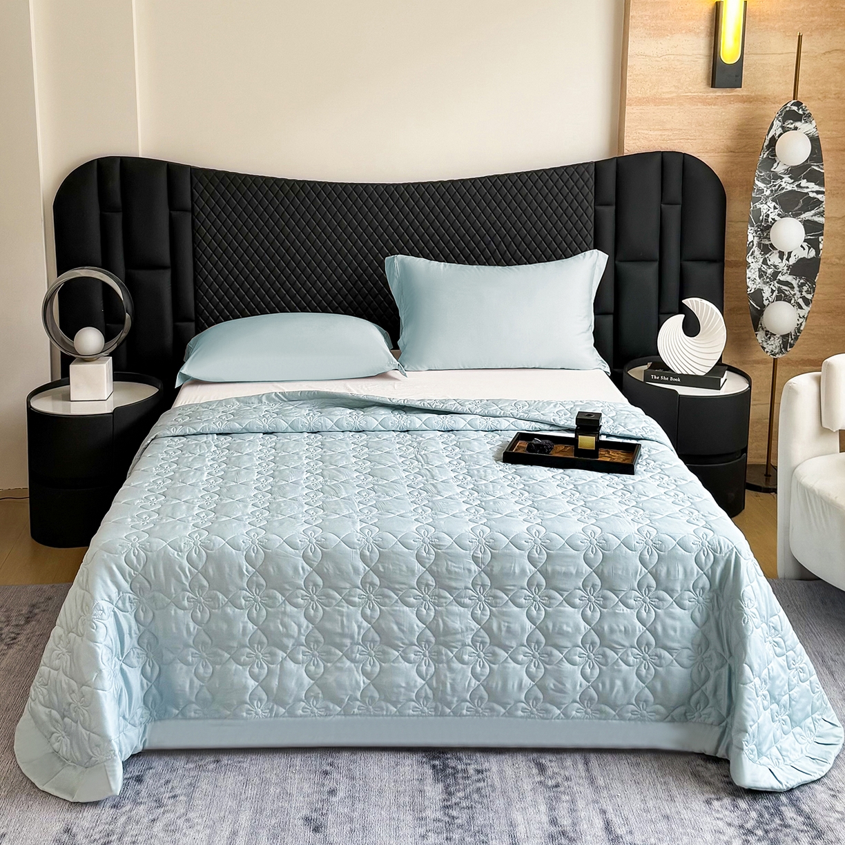 91家纺网 家纺一手货源 找家纺 三俏家纺 2026新款60支双面天丝床盖纯色 浅青蓝