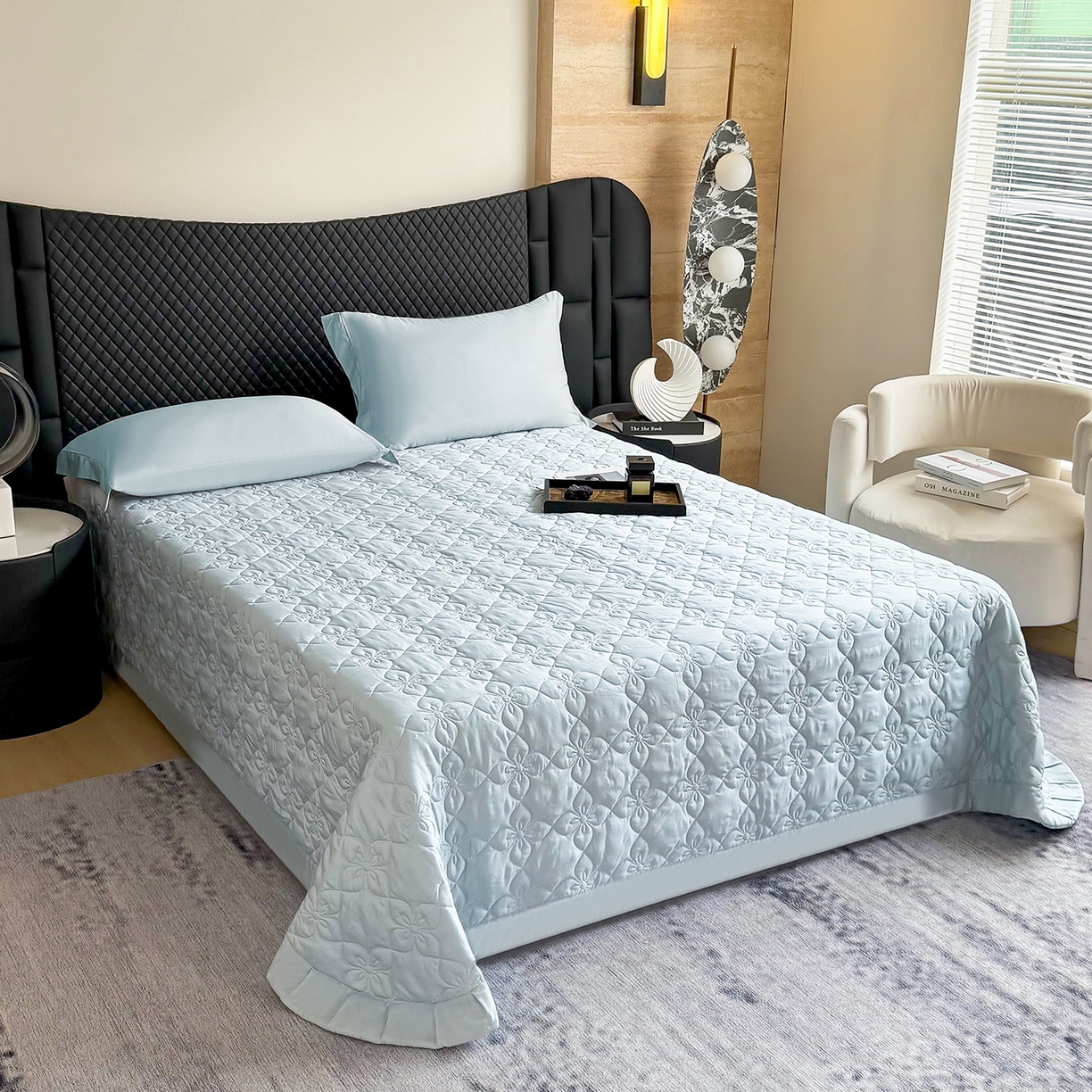 三俏家纺 2026新款60支双面天丝床盖纯色 浅青蓝