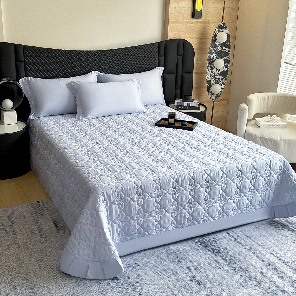 三俏家纺 2026新款60支双面天丝床盖纯色 雾霾蓝