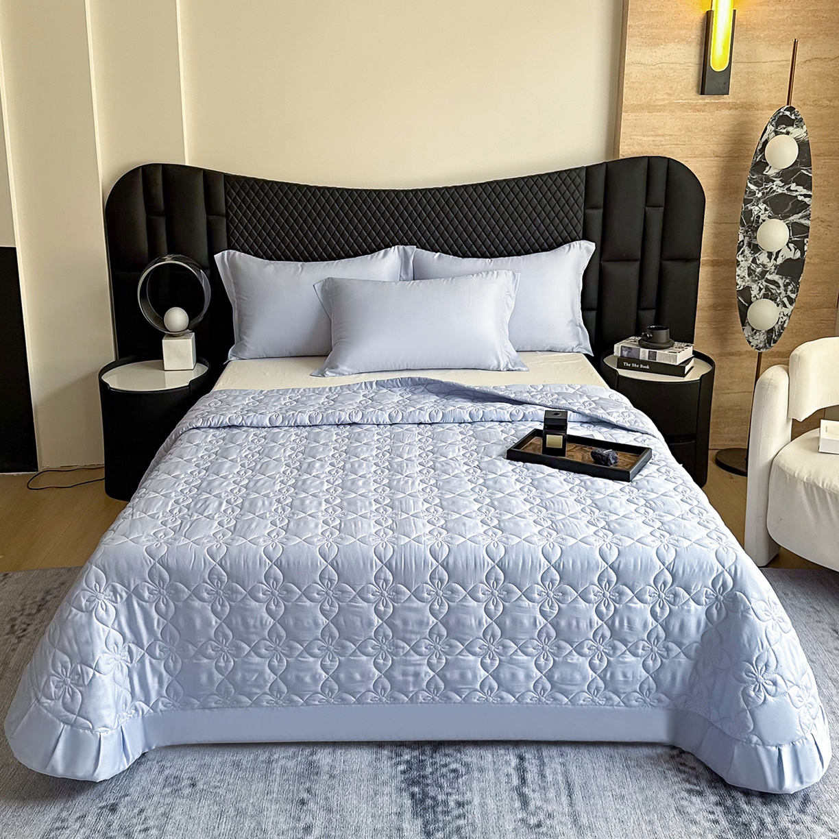 91家纺网 家纺一手货源 找家纺 三俏家纺 2026新款60支双面天丝床盖纯色 雾霾蓝