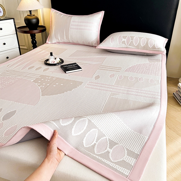 91家纺网 家纺一手货源 找家纺 雅诗帛 2026新款PE凉感丝凉席三件套-几何 几何-粉