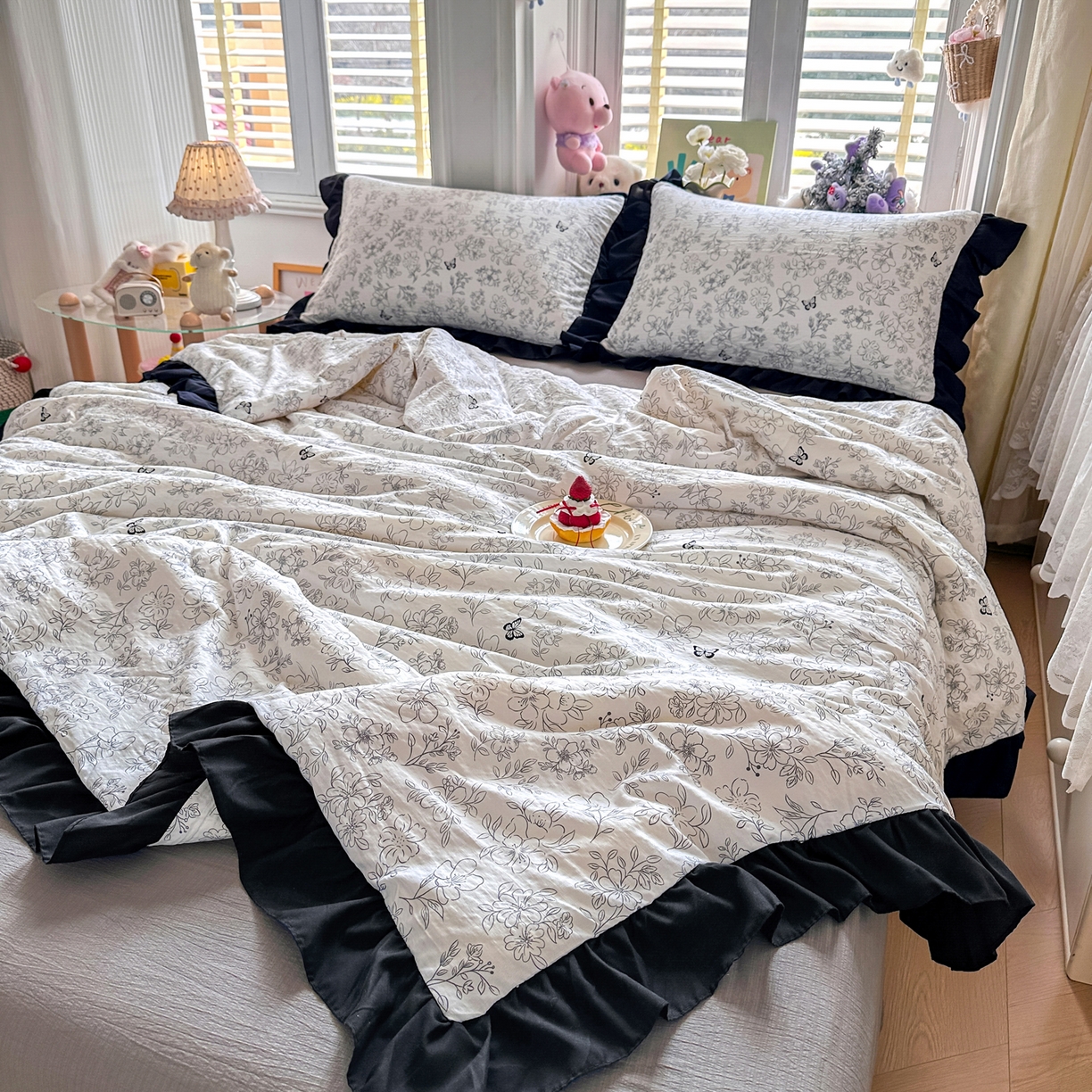 91家纺网 家纺一手货源 找家纺 （总）优卡迪家纺馆 2026新款皱皱棉黑花边夏被四件套下载文件包含买家秀