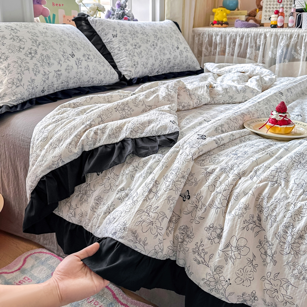 91家纺网 家纺一手货源 找家纺 （总）优卡迪家纺馆 2026新款皱皱棉黑花边夏被四件套下载文件包含买家秀
