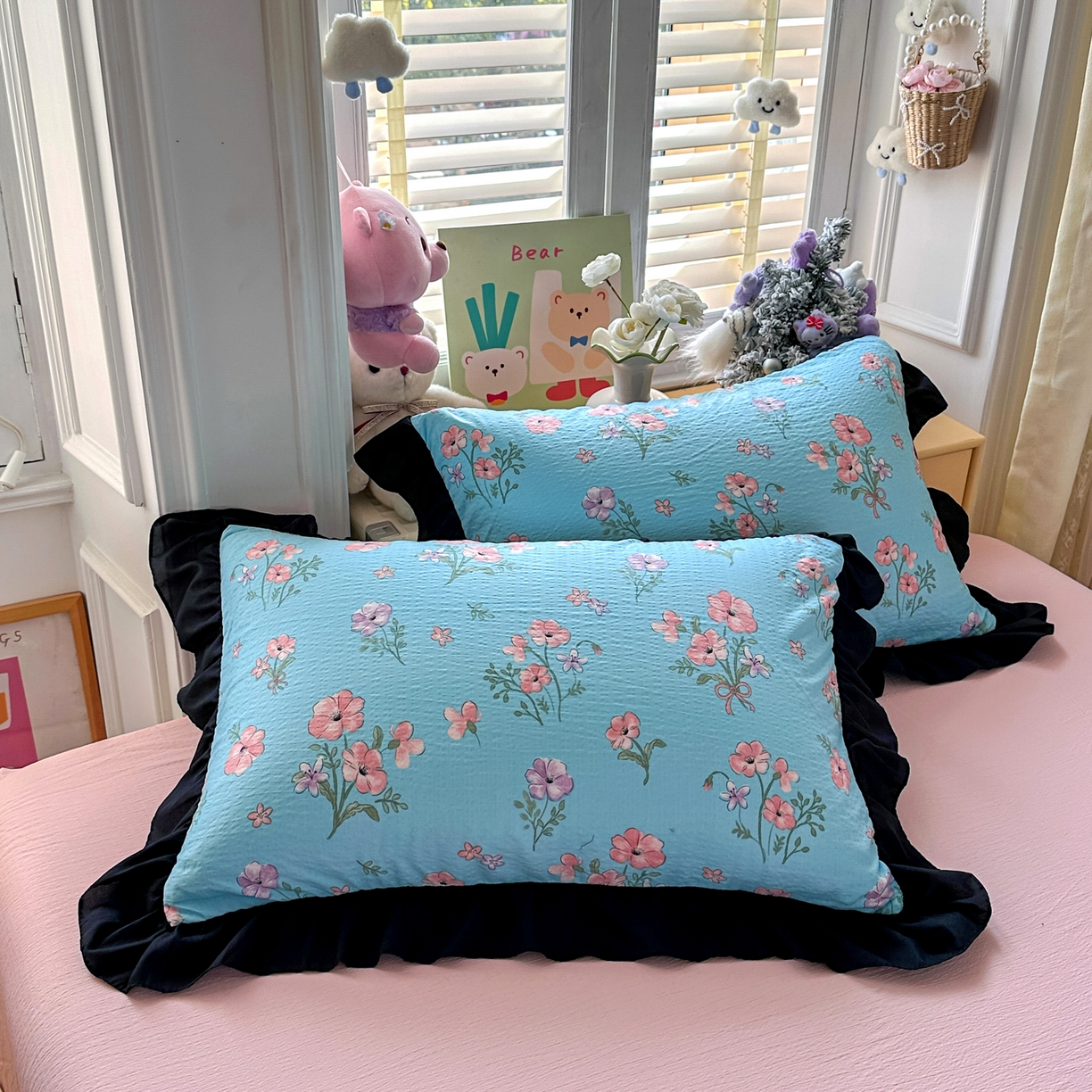 91家纺网 家纺一手货源 找家纺 优卡迪家纺馆 2026新款皱皱棉黑花边夏被四件套下载文件包含买家秀 泡沫之夏(花边款)