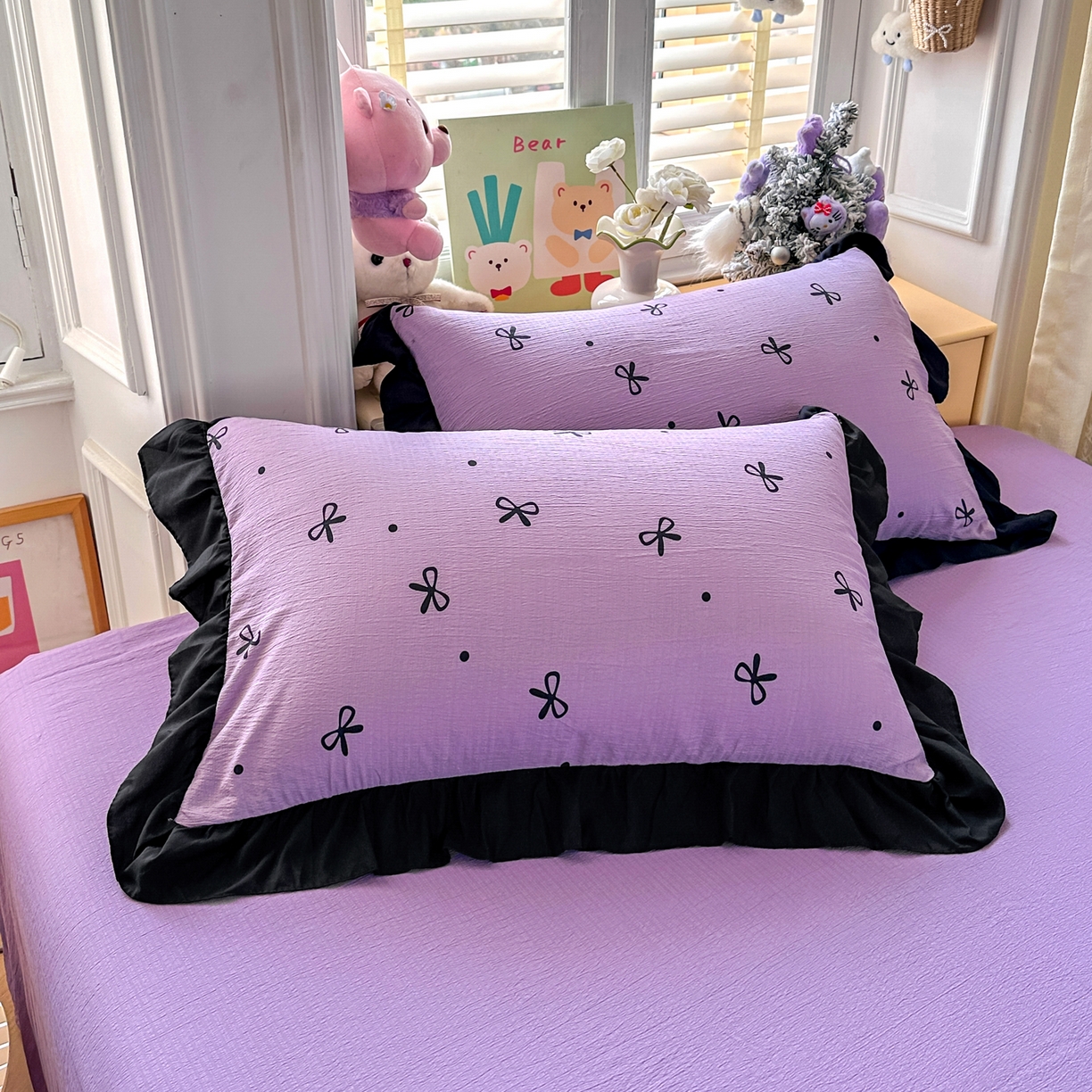 91家纺网 家纺一手货源 找家纺 优卡迪家纺馆 2026新款皱皱棉黑花边夏被四件套下载文件包含买家秀 紫苏(花边款)