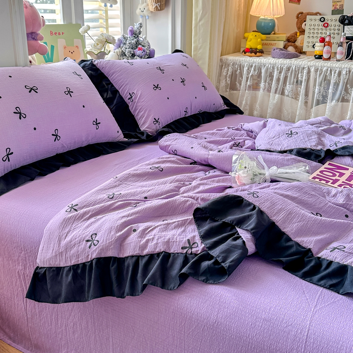 91家纺网 家纺一手货源 找家纺 优卡迪家纺馆 2026新款皱皱棉黑花边夏被四件套下载文件包含买家秀 紫苏(花边款)