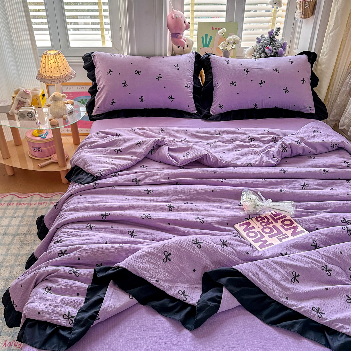 91家纺网 家纺一手货源 找家纺 优卡迪家纺馆 2026新款皱皱棉黑花边夏被四件套下载文件包含买家秀 紫苏(花边款)