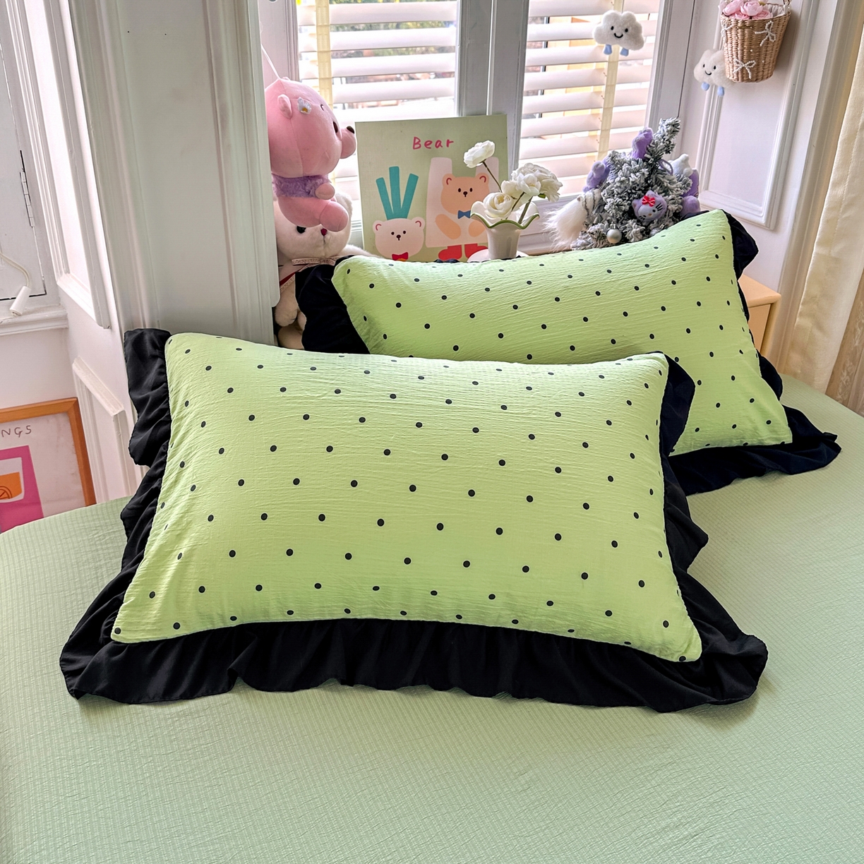 91家纺网 家纺一手货源 找家纺 优卡迪家纺馆 2026新款皱皱棉黑花边夏被四件套下载文件包含买家秀 波点生活-绿(花边款)