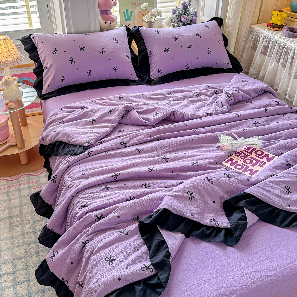 91家纺网 家纺一手货源 找家纺 优卡迪家纺馆 2026新款皱皱棉黑花边夏被四件套下载文件包含买家秀 紫苏(花边款)