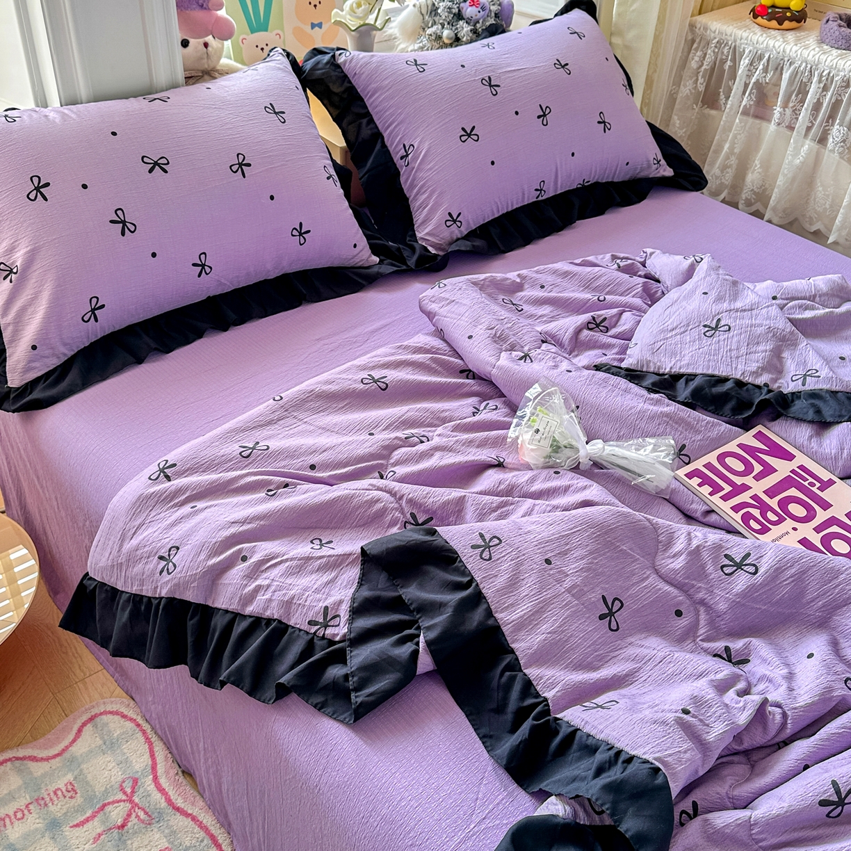 91家纺网 家纺一手货源 找家纺 优卡迪家纺馆 2026新款皱皱棉黑花边夏被四件套下载文件包含买家秀 紫苏(花边款)