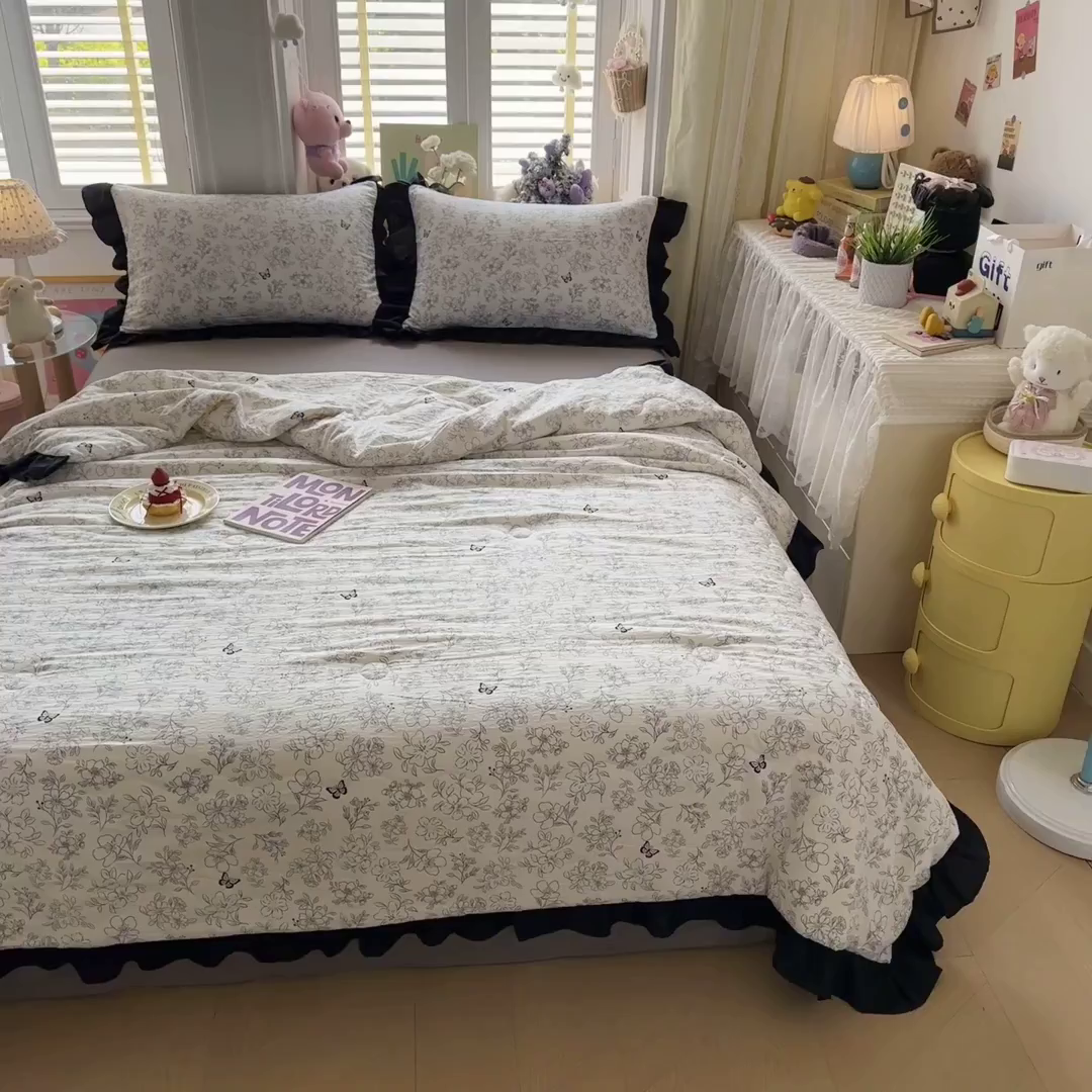 91家纺网 家纺一手货源 找家纺 （总）优卡迪家纺馆 2026新款皱皱棉黑花边夏被四件套下载文件包含买家秀