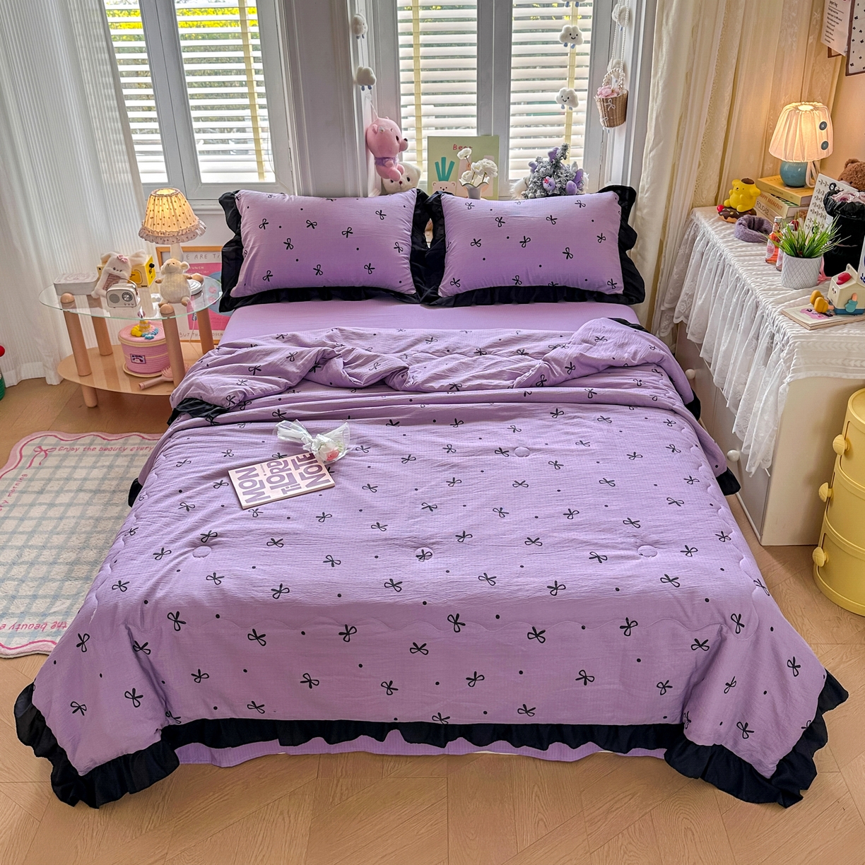 91家纺网 家纺一手货源 找家纺 优卡迪家纺馆 2026新款皱皱棉黑花边夏被四件套下载文件包含买家秀 紫苏(花边款)