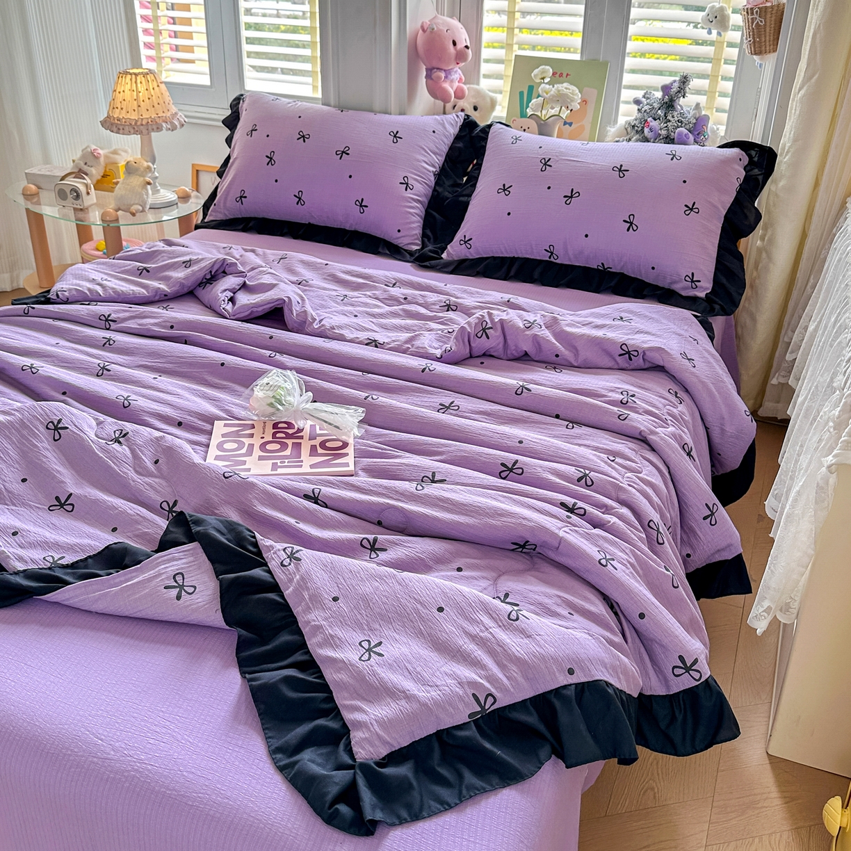 91家纺网 家纺一手货源 找家纺 优卡迪家纺馆 2026新款皱皱棉黑花边夏被四件套下载文件包含买家秀 紫苏(花边款)