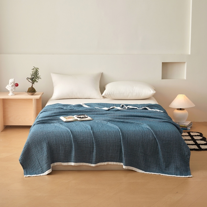 91家纺网 家纺一手货源 找家纺 卡奥家纺 2026新款全棉水洗三层纱盖毯-初见 初见-蓝