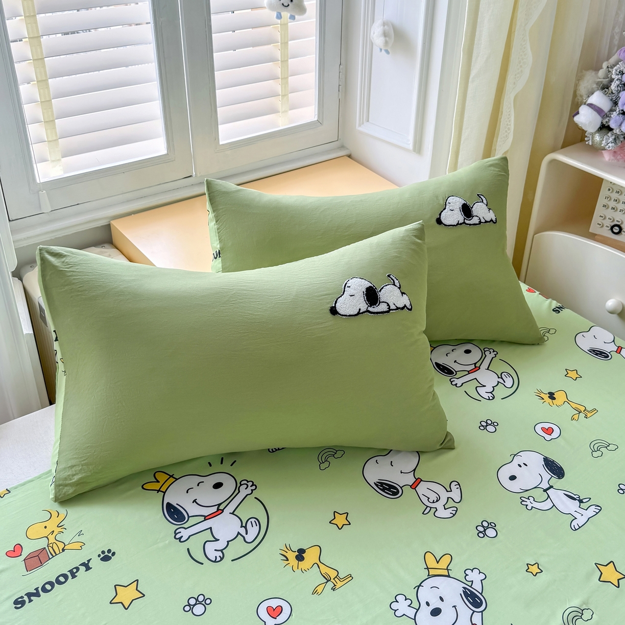 91家纺网 家纺一手货源 找家纺 优卡迪家纺馆 2026新款水洗棉印加绣夏被四件套下载文件包含买家秀 花生布丁狗-茶绿