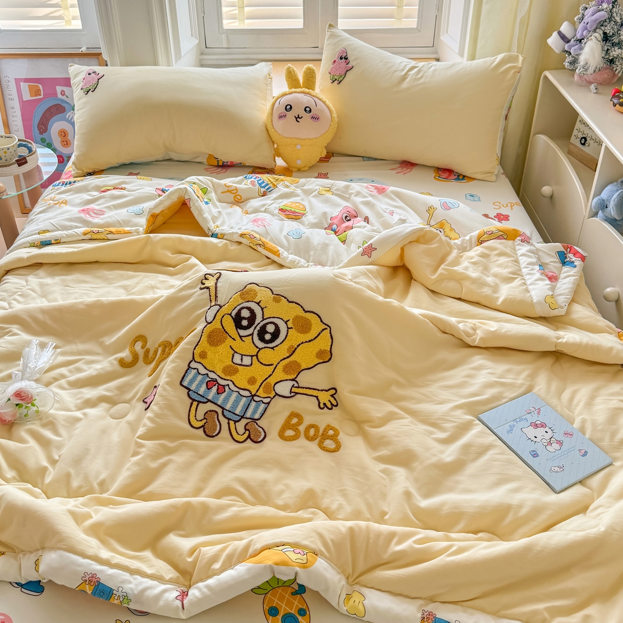 91家纺网 家纺一手货源 找家纺 优卡迪家纺馆 2026新款水洗棉印加绣夏被四件套下载文件包含买家秀 海绵宝宝-奶黄