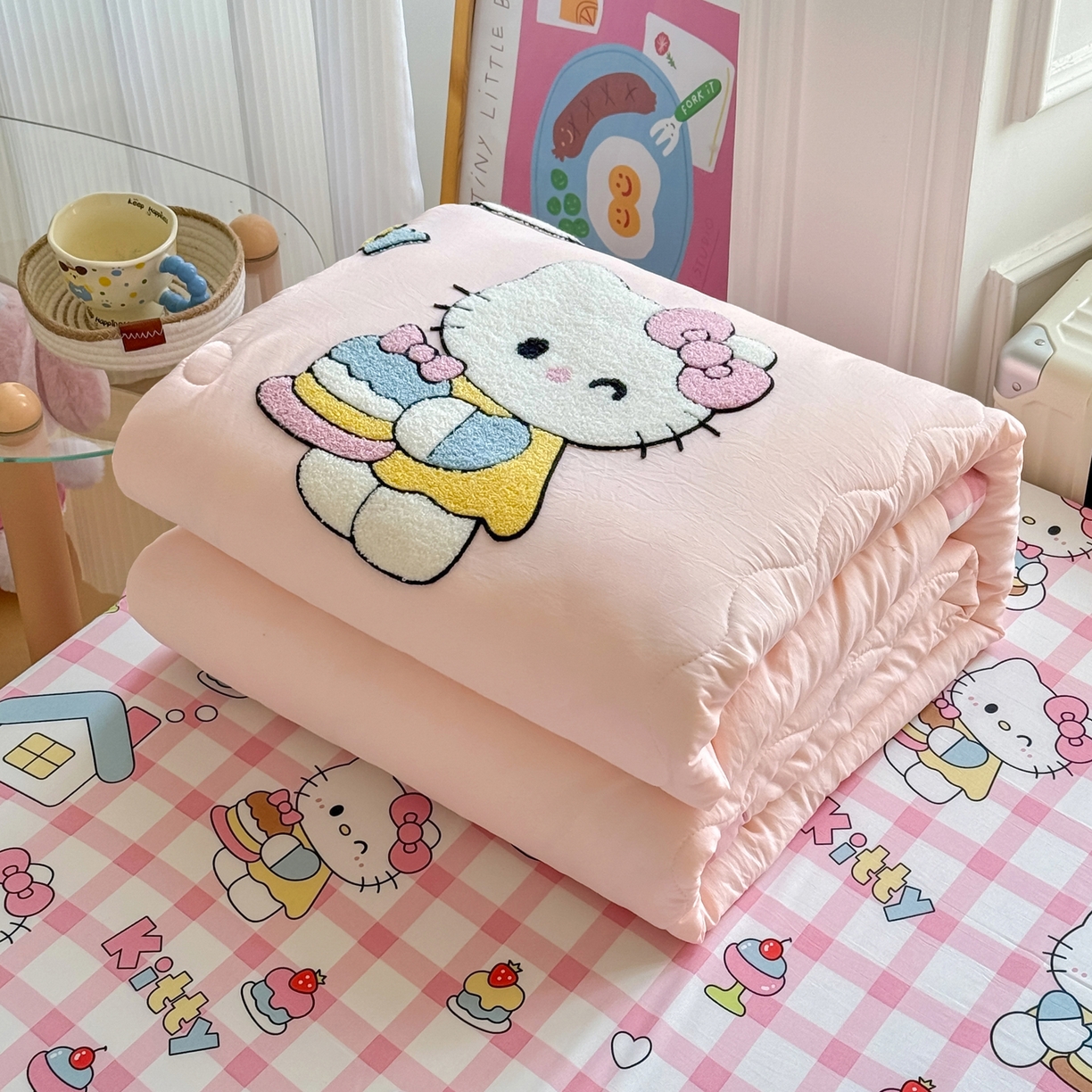 优卡迪家纺馆 2026新款水洗棉印加绣夏被四件套下载文件包含买家秀 甜梦小喵-玉粉