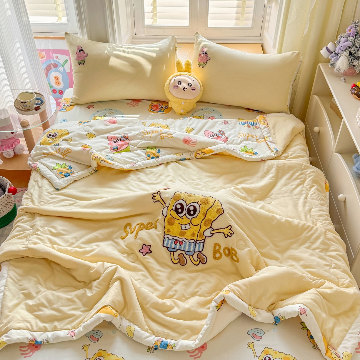 91家纺网 家纺一手货源 找家纺 优卡迪家纺馆 2026新款水洗棉印加绣夏被四件套下载文件包含买家秀 海绵宝宝-奶黄