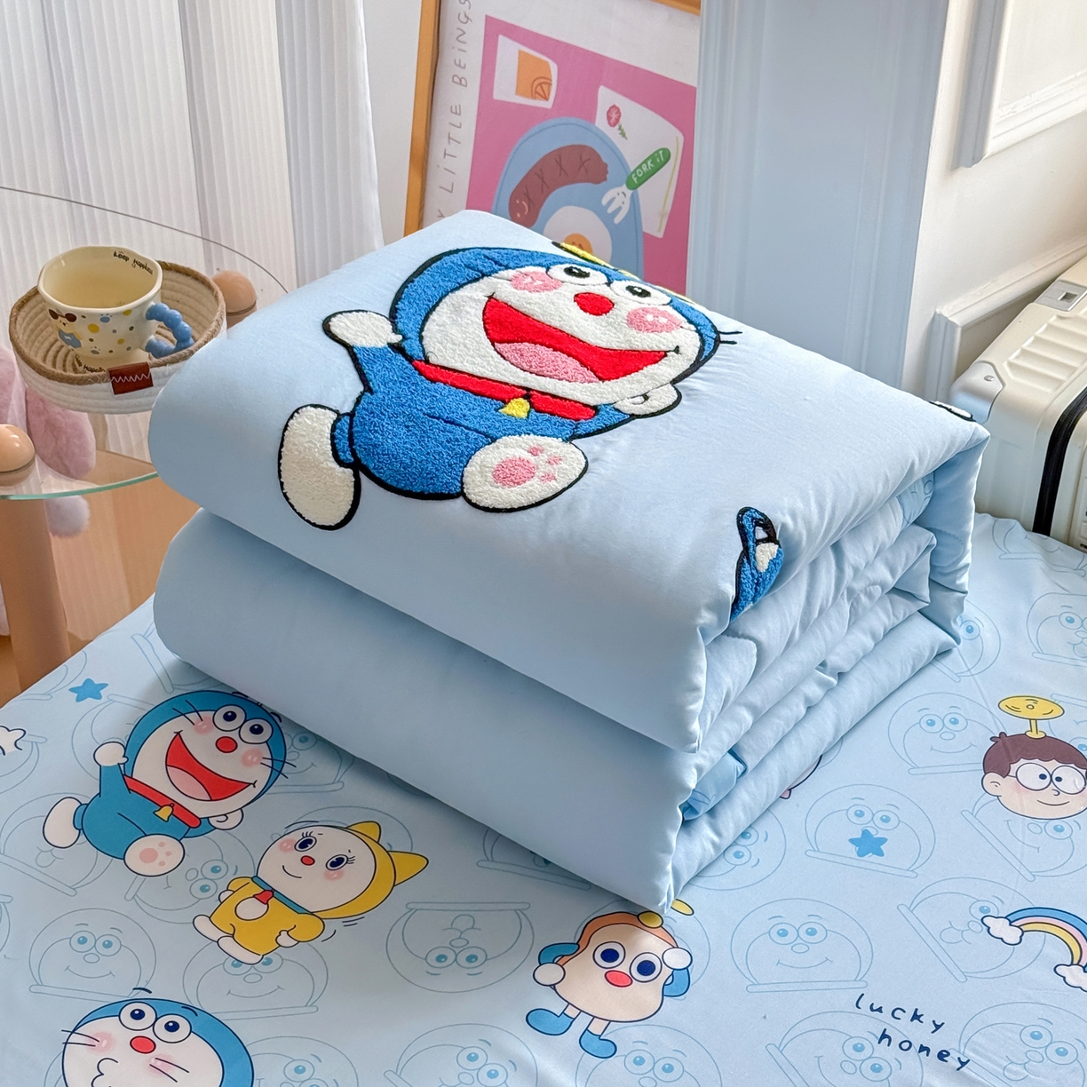 优卡迪家纺馆 2026新款水洗棉印加绣夏被四件套下载文件包含买家秀 机器猫-天蓝