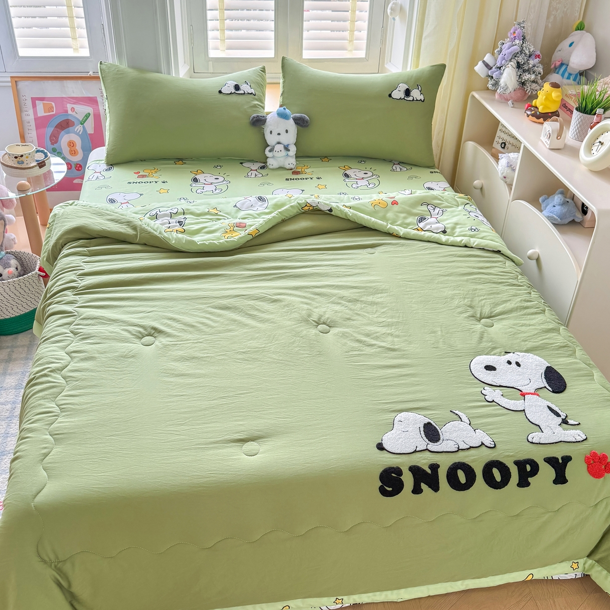 91家纺网 家纺一手货源 找家纺 优卡迪家纺馆 2026新款水洗棉印加绣夏被四件套下载文件包含买家秀 花生布丁狗-茶绿