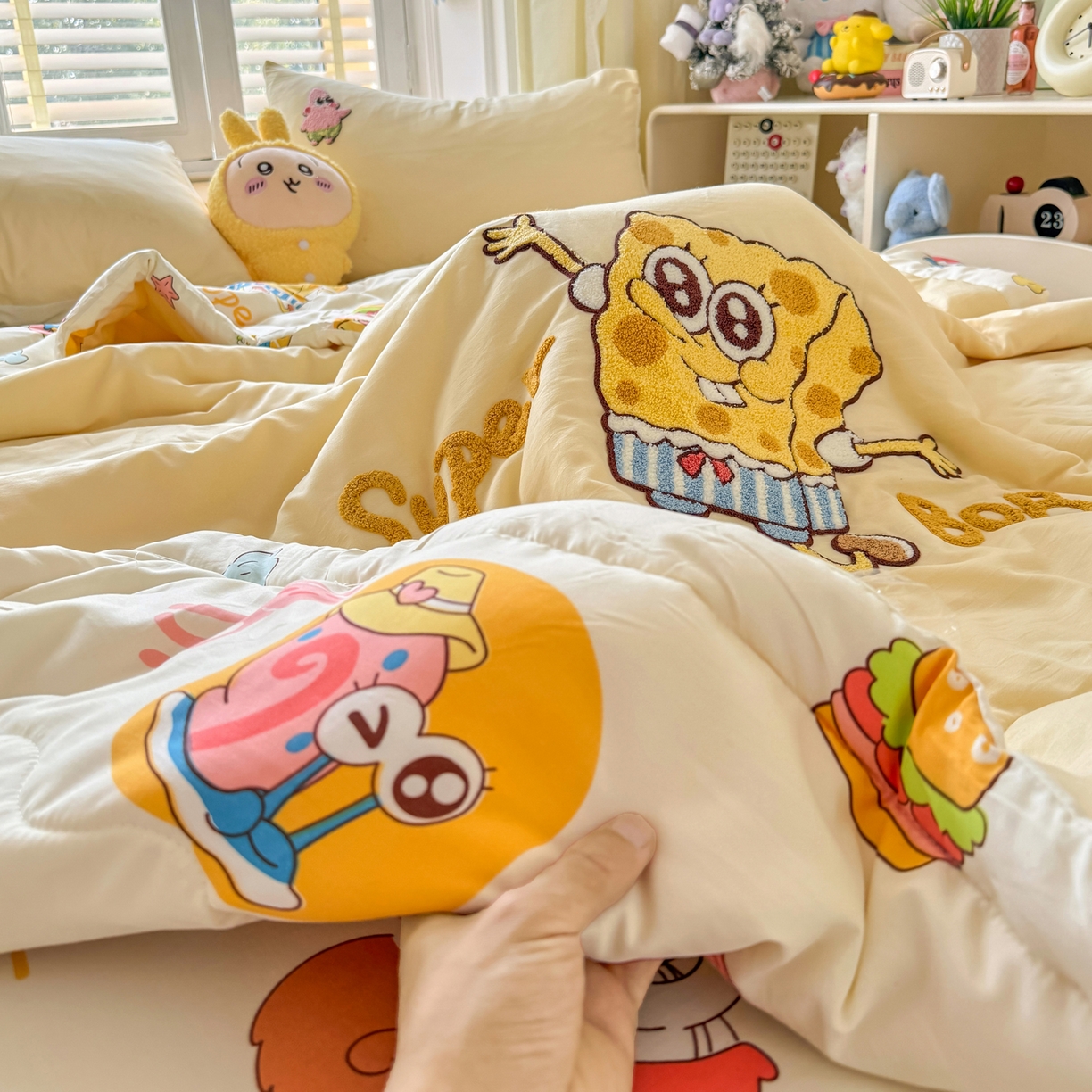 91家纺网 家纺一手货源 找家纺 优卡迪家纺馆 2026新款水洗棉印加绣夏被四件套下载文件包含买家秀 海绵宝宝-奶黄