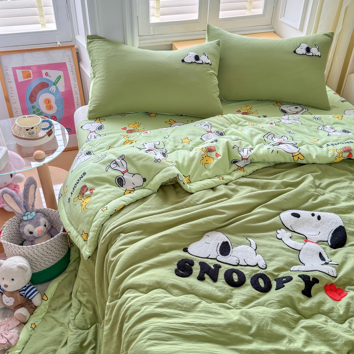 91家纺网 家纺一手货源 找家纺 优卡迪家纺馆 2026新款水洗棉印加绣夏被四件套下载文件包含买家秀 花生布丁狗-茶绿