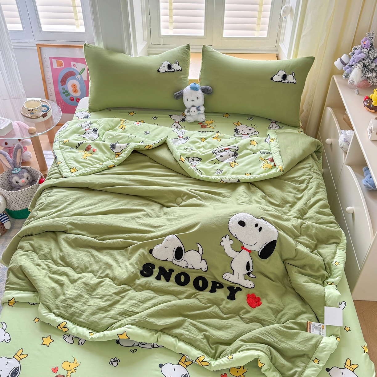 91家纺网 家纺一手货源 找家纺 优卡迪家纺馆 2026新款水洗棉印加绣夏被四件套下载文件包含买家秀 花生布丁狗-茶绿