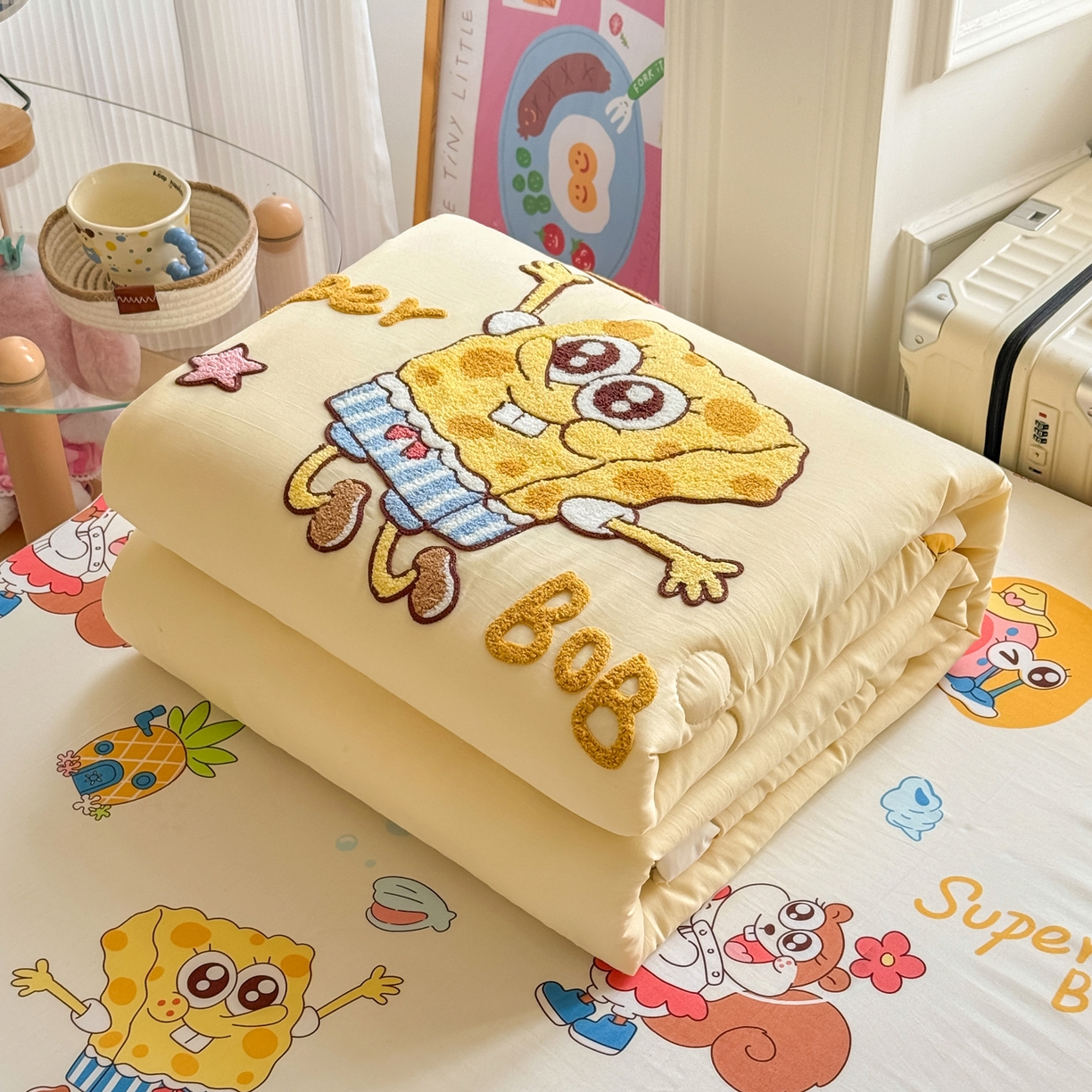 优卡迪家纺馆 2026新款水洗棉印加绣夏被四件套下载文件包含买家秀 海绵宝宝-奶黄