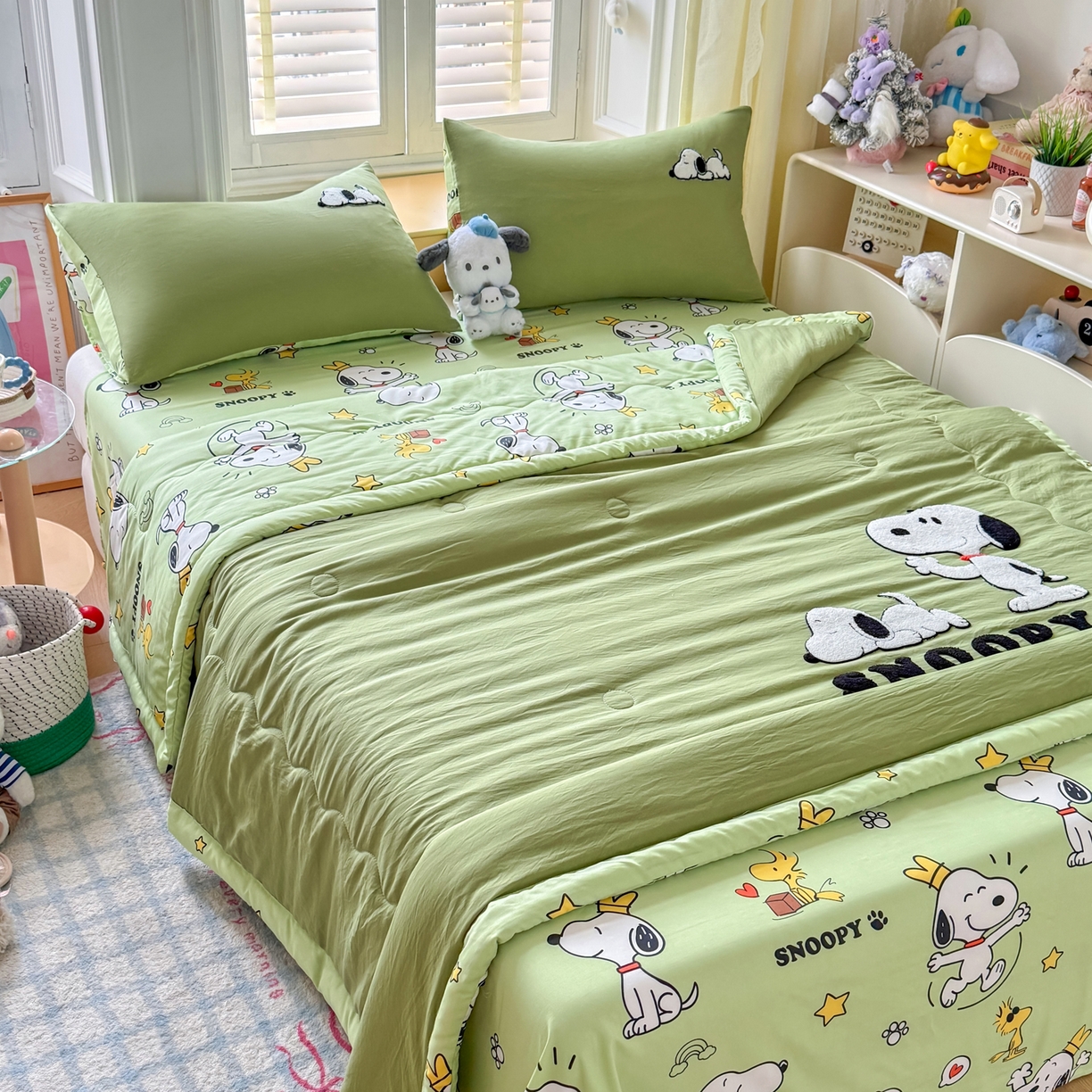 91家纺网 家纺一手货源 找家纺 优卡迪家纺馆 2026新款水洗棉印加绣夏被四件套下载文件包含买家秀 花生布丁狗-茶绿