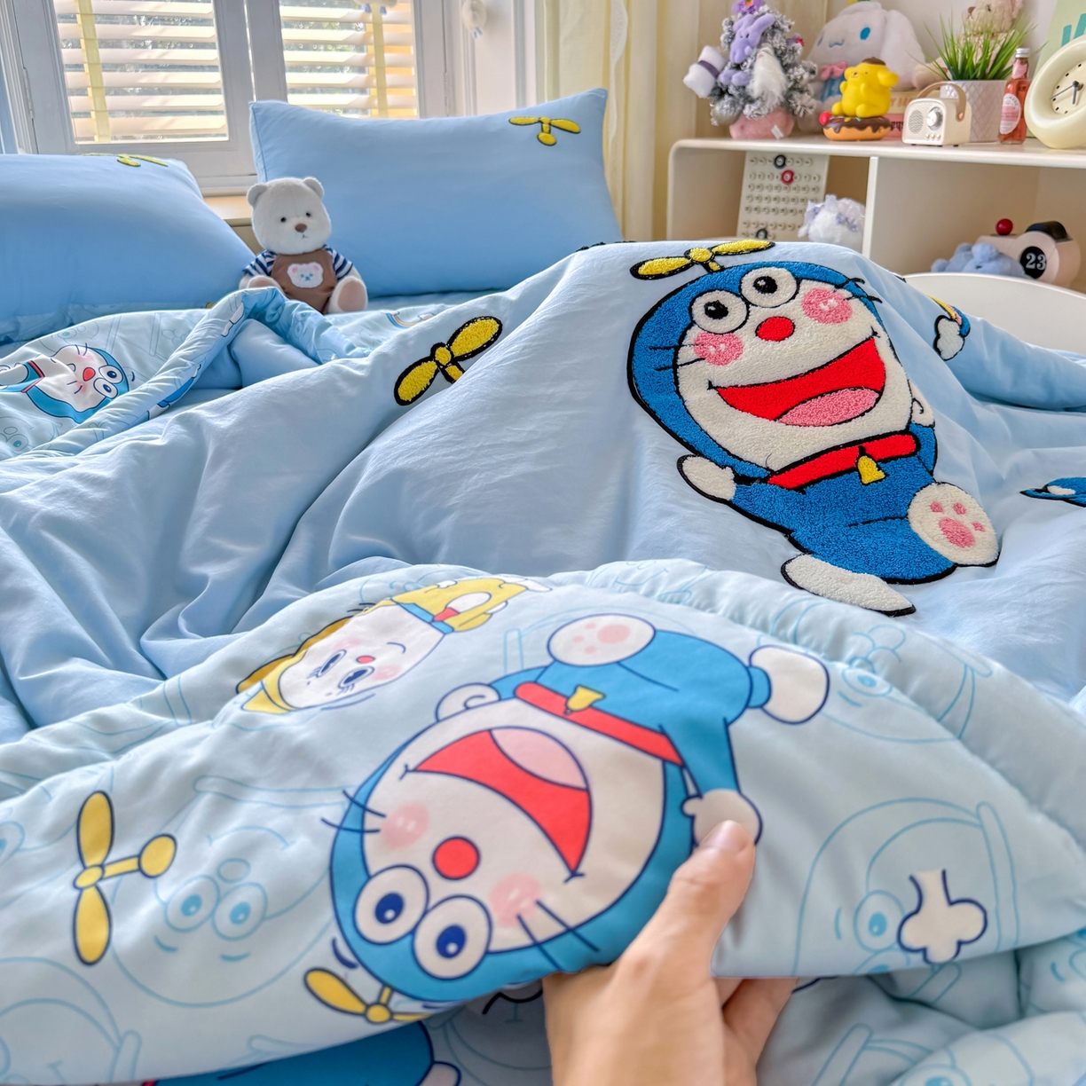 91家纺网 家纺一手货源 找家纺 优卡迪家纺馆 2026新款水洗棉印加绣夏被四件套下载文件包含买家秀 机器猫-天蓝