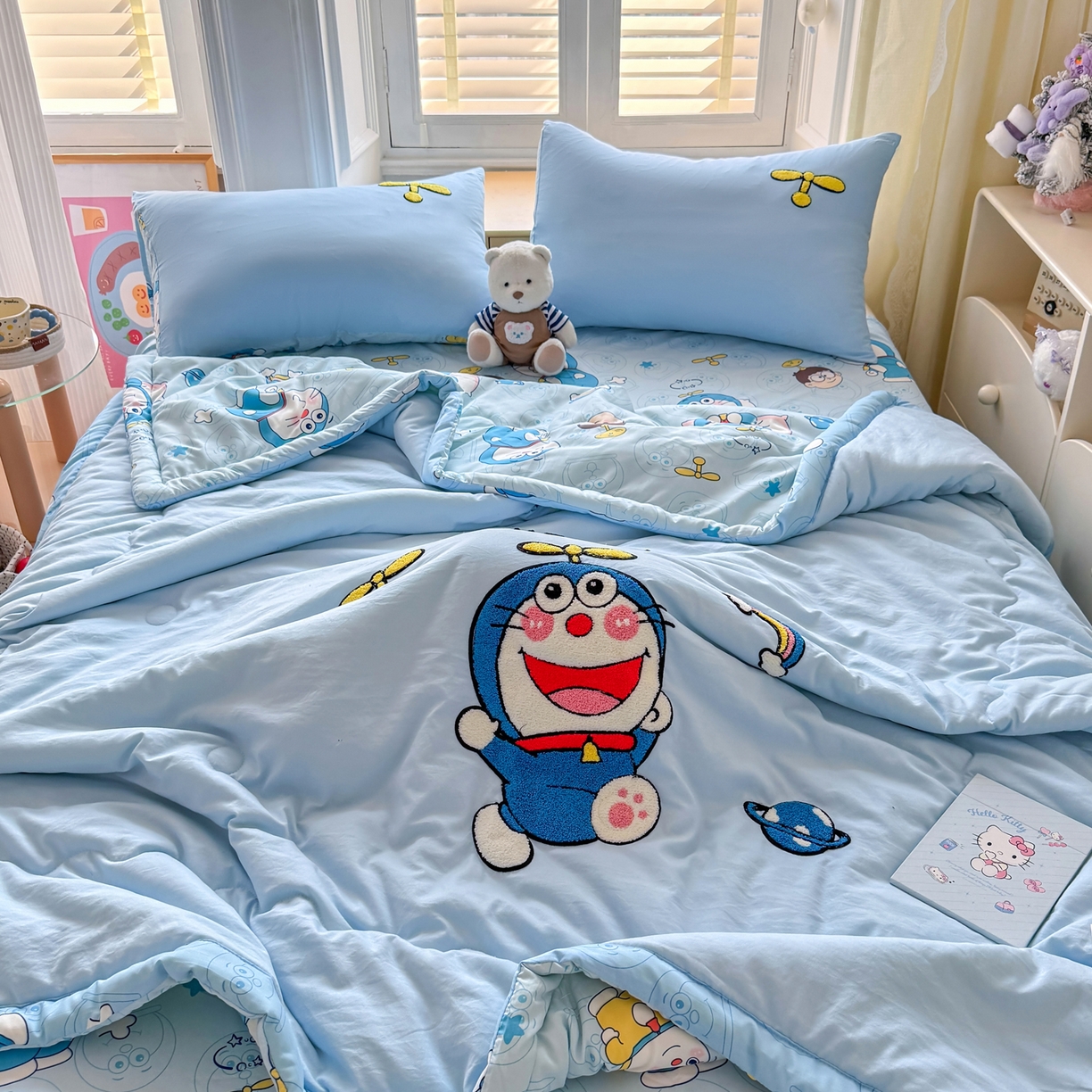 91家纺网 家纺一手货源 找家纺 优卡迪家纺馆 2026新款水洗棉印加绣夏被四件套下载文件包含买家秀 机器猫-天蓝