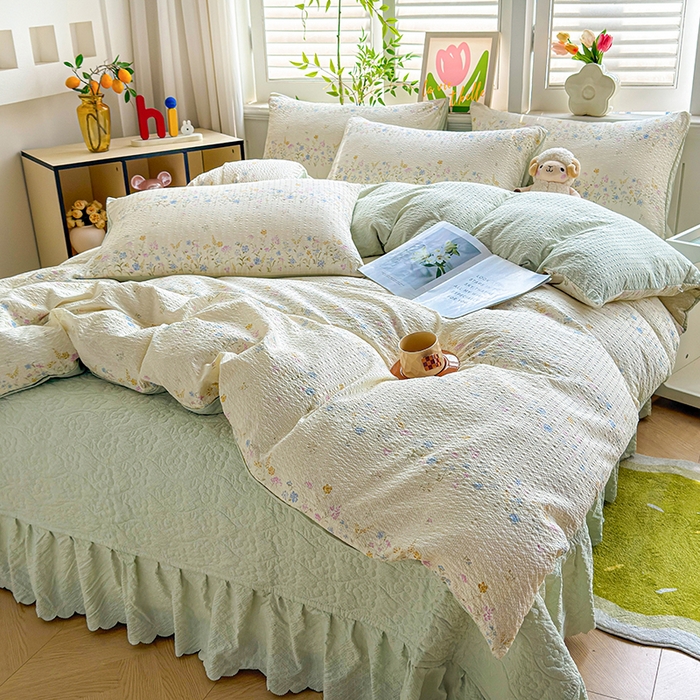 91家纺网 家纺一手货源 找家纺 凤杰家纺 2026新款云感双层纱床盖四件套 春意