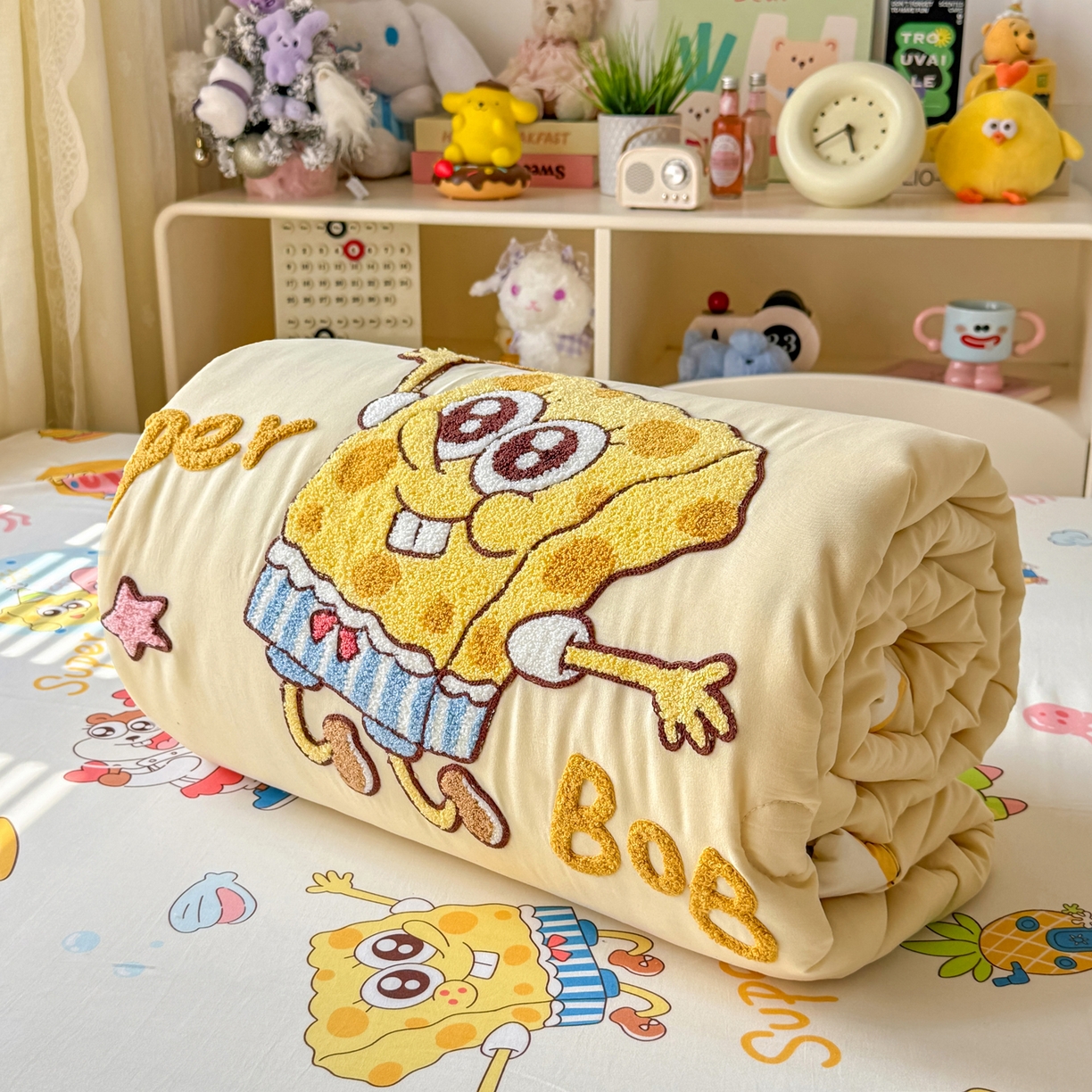 91家纺网 家纺一手货源 找家纺 优卡迪家纺馆 2026新款水洗棉印加绣夏被四件套下载文件包含买家秀 海绵宝宝-奶黄