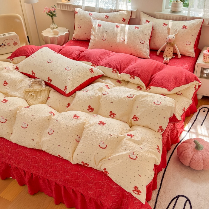 91家纺网 家纺一手货源 找家纺 凤杰家纺 2026新款云感双层纱床盖四件套 福气满满