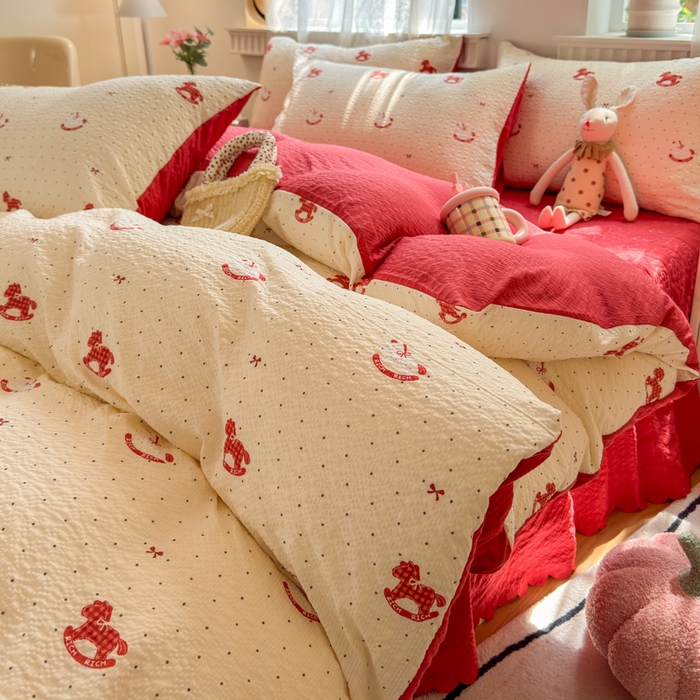 91家纺网 家纺一手货源 找家纺 凤杰家纺 2026新款云感双层纱床盖四件套 福气满满