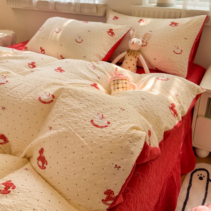 91家纺网 家纺一手货源 找家纺 凤杰家纺 2026新款云感双层纱床盖四件套 福气满满