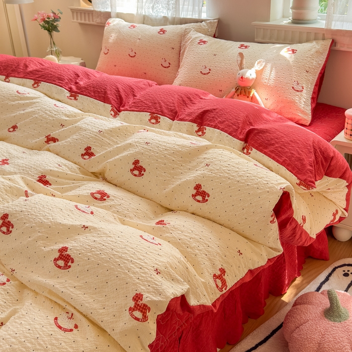 91家纺网 家纺一手货源 找家纺 凤杰家纺 2026新款云感双层纱床盖四件套 福气满满