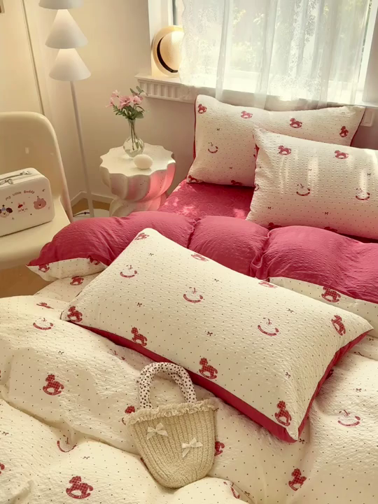 91家纺网 家纺一手货源 找家纺 凤杰家纺 2026新款云感双层纱床盖四件套 福气满满