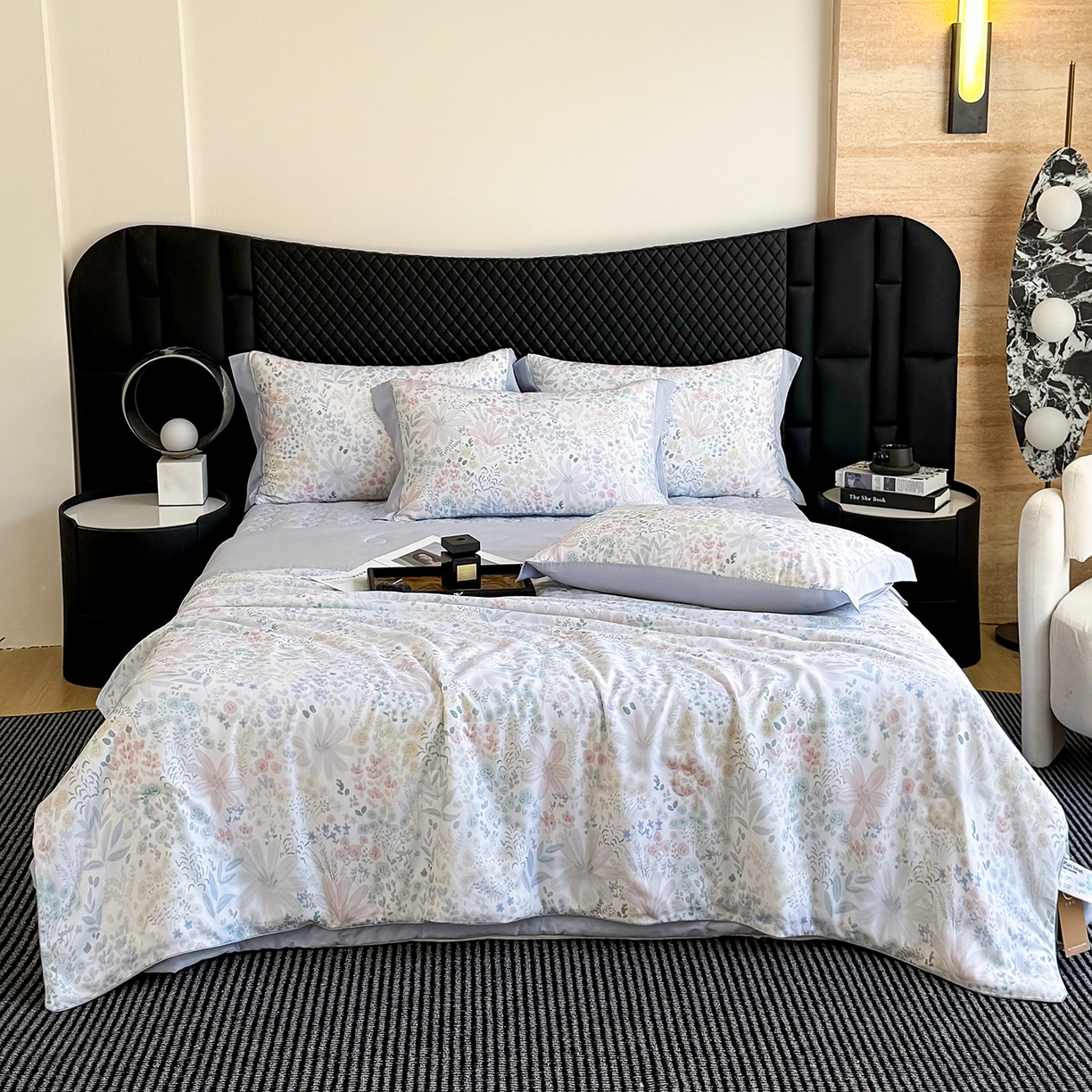 三俏家纺 2026新款夏被100%莱赛尔天丝数码印花床盖款夏被四件套60支天丝夏凉被 漫花遍野