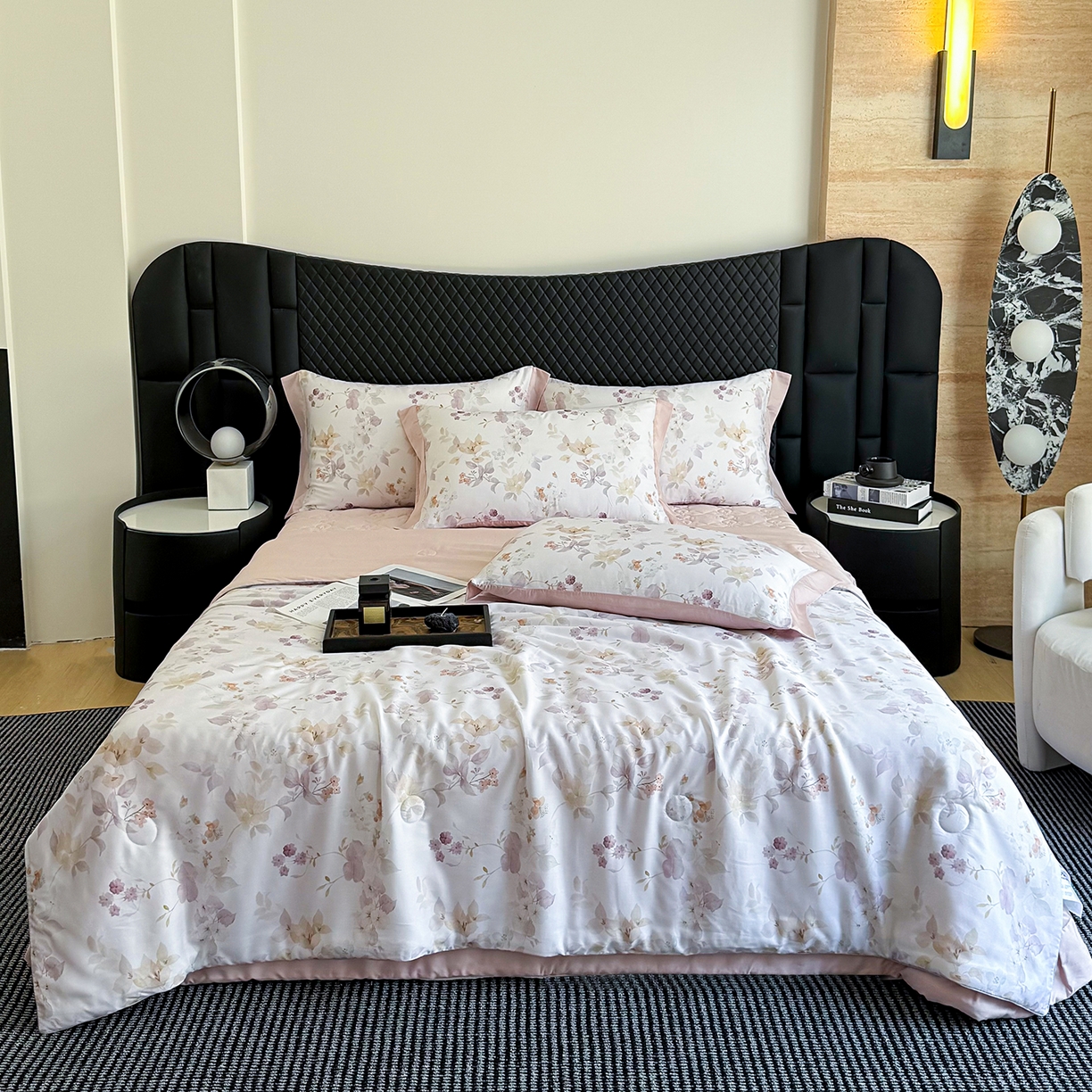 三俏家纺 2026新款夏被100%莱赛尔天丝数码印花床盖款夏被四件套60支天丝夏凉被 柔粉花境