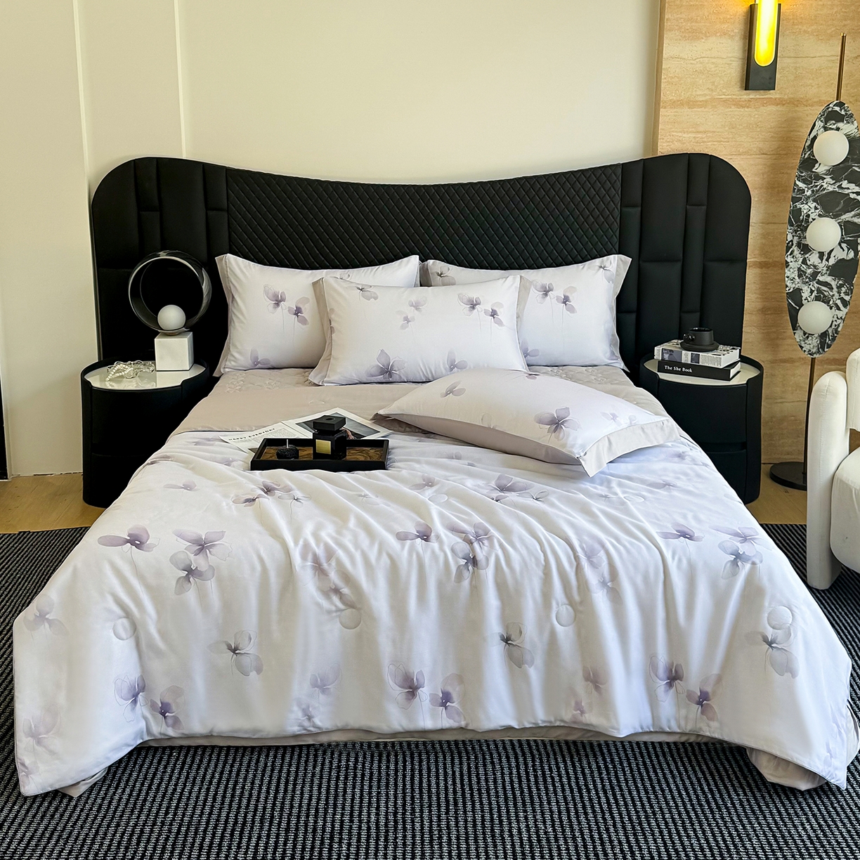 三俏家纺 2026新款夏被100%莱赛尔天丝数码印花床盖款夏被四件套60支天丝夏凉被 紫蝶入梦